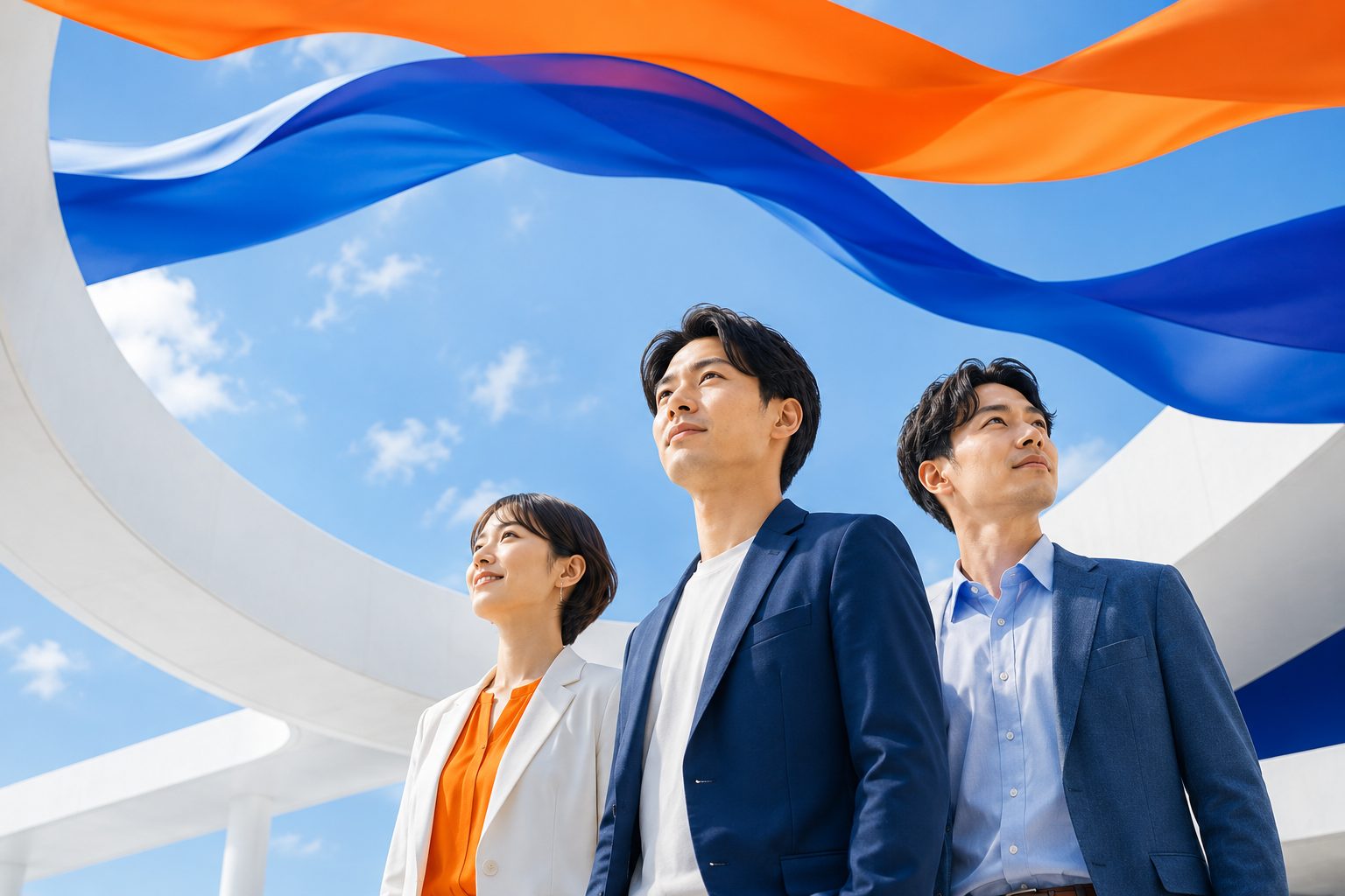 青空とオレンジ×ブルーのリボンを背景に前を見据えるビジネスパーソン